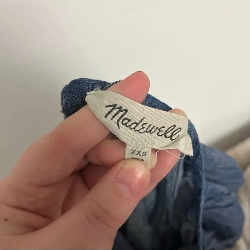 Madewell Womens XXS Chambray Blouse‎ Top 3/4 Puff Sleeve Pintuck Keyhole Neck